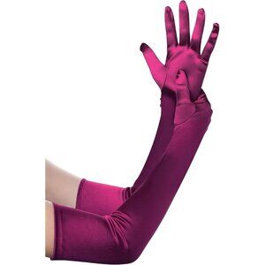 Women's Fuchsia Vintage Satin Long Gloves Party Costume Stretchy Elbow Length